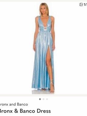 Bronx and Banco Metallic Light Blue Plunge Thigh-Slit Gown